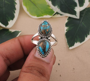 Bague en argent sterling 925 faite à la main double turquoise pierre précieuse classique coupe ovale bijoux bohème vintage pour unisexe - Product Image 2