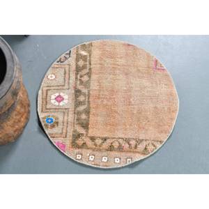 Tapis turc vintage de 2x2 pieds, tapis en laine tissé plat beige et vert avec support en latex pour décorations de salon - Product Image 1