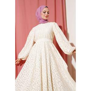 Robe en Dentelle à Manches Ballon à Taille Élastique Beige - Product Image 1