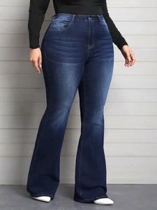 Jeans évasés taille mi-haute décontractés, grande taille, denim bleu skinny pour femmes, délavé, perforé avec décoration peinte - Product Image 3