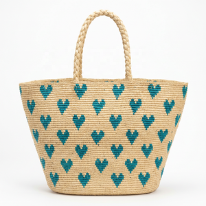 Bolso de Hombro de Rafia Hecho a Mano con Patrón de Corazones, Bolso Tote de Paja con Parte Superior Abierta y Dos Asas, Bolso de Verano para Mujer - Product Image 1