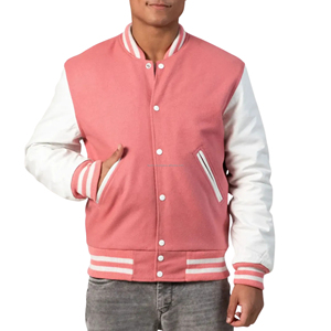 Blouson universitaire pour homme en laine avec manches en cuir, fermeture éclair, patchwork écologique, style bomber, mode pastel - Product Image 1