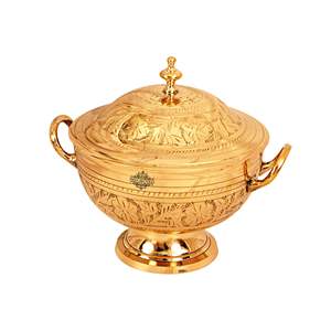 Donga en laiton fait main avec motif floral gravé, style Mughlai, plat de service de mariage, couvercle poli, poignées, vaisselle de table - Product Image 3