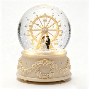 Globe à neige de mariage en forme de grande roue avec lumière LED, figurines mariés, flocons de neige argentés, confettis, couronne de laurier, en résine peinte à la main - Product Image 5