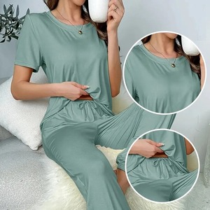 Ensemble 2 pièces haut rond et pantalon long confortable de couleur unie pour femmes ensemble pyjama pour femmes à la maison pour hommes - Product Image 4