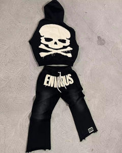 Chándal de felpa francesa personalizado, conjuntos de chándal, parche desgastado, apliques, dobladillo crudo, pantalones de chándal acampanados y conjunto de Sudadera con capucha para hombres - Product Image 4