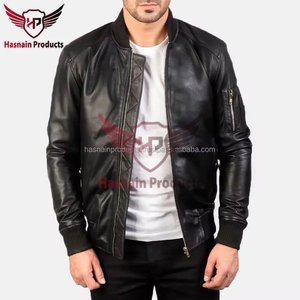 Chaqueta Bomber de Cuero Genuino Negro para Hombre, Cuello Acanalado, Cremallera, Bolsillos en las Mangas, Piel de Oveja, Chaqueta de Vuelo MA1 Personalizada, Abrigo de Invierno para Aviador - Product Image 4