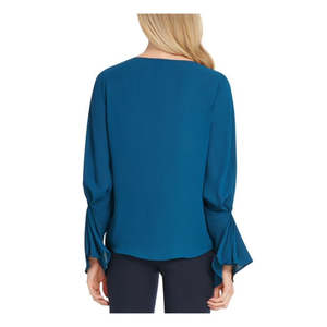 Top Casual da Donna DKNY con Scollo a V e Maniche Lunghe Arricciate, Colore Verde Acqua, Taglia Media - Product Image 2
