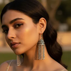 Boucles d'oreilles pendantes Jhumka en argent sterling 925 pour femmes, bijoux de mariage indiens, style bohème, accents argent et or rose - Product Image 1