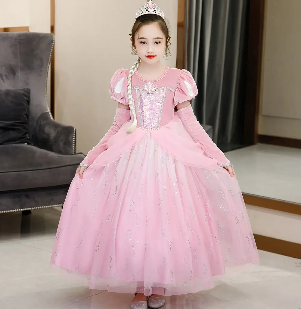 Hot Sale Fancy Pink Little Girl Mermaid Princess Dress Luxury Pearl Sequins Shell Clothing Girls Party Ariel Cosplay Costume