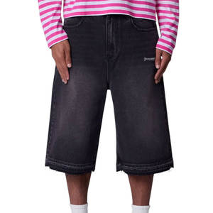 Ultra <b>Baggy</b> Denim <b>Shorts</b> Washed Black Raw Edge Design Relaxed Fit Heavy Denim <b>Shorts</b> for <b>Men</b> OEM Streetwear Supply - Product Image 2