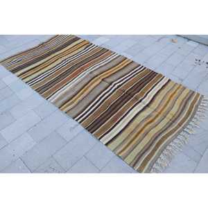 Turkish Rug, 4.1x8.4 ft Area Rug, <b>Brown</b> Striped <b>Wool</b> Vintage Rug - Product Image 2