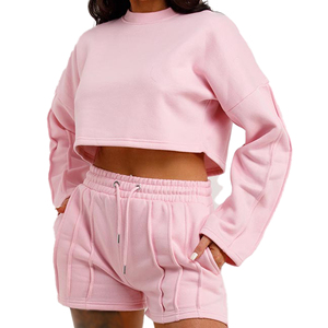 Women's Oversized Pullover Long <b>Sleeve</b> <b>Sweatshirt</b> Top and <b>Shorts</b> Set Crew Neck Sweat Suit with Custom Logo - Product Image 1