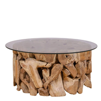Table basse ronde en racine de teck, fabriquée à la main en bois de teck massif pour un espace de vie naturel et rustique