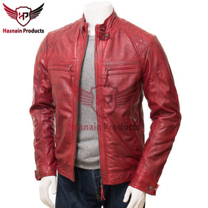 Chaqueta de Cuero Genuino Rojo para Hombre, Estilo Motero, Cuello Alto, Piel de Vacuno, Hombros Acolchados, Bolsillos con Cremallera, Clásica, Personalizada, Abrigo Cálido de Invierno - Product Image 2