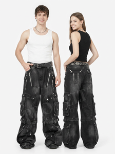 Pantalones Cargo de Mezclilla Vintage Color Borgoña, Corte Holgado Unisex, Estilo Urbano, Pierna Ancha, Bolsillos con Cremallera, Pantalones de Mezclilla de Alta Calidad - Product Image 6