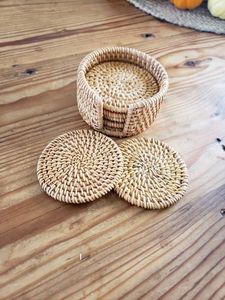 High Quality Handwoven round Rattan <b>Coasters</b> <b>with</b> <b>Holder</b> Classic Pottery Insulated Heat Woven Placemats Eco-Friendly <b>Coaster</b> <b>Set</b> - Product Image 5