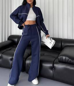 Custom Women Cropped <b>Zip</b> up <b>Sweatshirt</b> Pants Two Pieces Set Tracksuit for Women Drop Shoulder Sweatsuit Set With Strip - Product Image 5