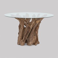 La table à manger rustique en bois flotté fabriqué à la main utilise un dessus en verre transparent Mobilier écologique en racine de teck Table unique pour la salle à manger