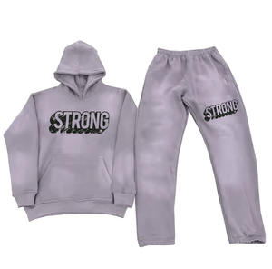 Hot Sale Training Wear Tracksuit Sets Acid <b>Wash</b> Gray Color Hoodie Stacked Pants Sweat Suits for Men With Screen Printed Logo - Product Image 6