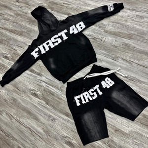 Unisex Acid Wash Track <b>Suit</b> with Embroidery Cropped Hoodies <b>Shorts</b> Set Wholesale Boxy Fit Streetwear for Men Summer Collection - Product Image 3