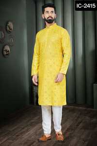 Traditional Indian and Pakistani Men's Cotton Kurta Long Festival Wear with Mirror Embroidery Work Festival Wear - Product Image 2