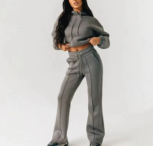 Conjunto Deportivo Gris para Mujer con Capucha, Pantalones Acampanados Largos, Color Sólido, Corte Holgado Informal, Cintura con Cordón Ajustable, Transpirable, de Poliéster - Product Image 4