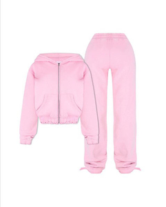 กางเกงฮู้ดขาตรงซิปครอบตัดแบบกําหนดเองผู้หญิง Sweatsuit ที่ด้อยโลโก้ที่กําหนดเองชุดสองชิ้นผู้หญิง - Product Image 1