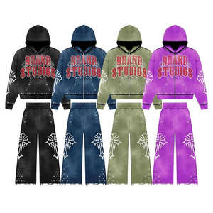 Ensemble survêtement unisexe à imprimé tendance, pantalon de survêtement évasé et sweat-shirt à capuche, deux pièces, survêtement en molleton français avec strass - Product Image 6