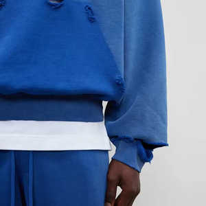 Bleu ciel poids lourd surdimensionné déchiré streetwear hommes graphique soleil délavé vintage lavage à l'acide sweat à capuche en détresse sweats à capuche - Product Image 5