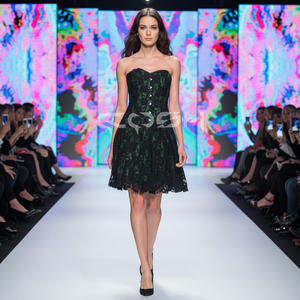 Corsé de satén verde esmeralda con varillas de acero de alta resistencia y superposición de encaje floral de malla, proveedor de vestidos góticos - Product Image 4