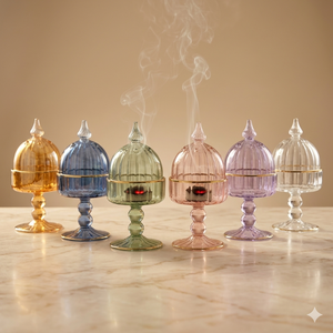 LW74 Luxury Heat-Resistant Glass Incense Burner Elegant Ribbed Glass Burner for <b>Bakhoor</b>, <b>Oud</b> & Resin. Gold Line Accents - Product Image 1