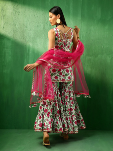 Conjunto Sharara de Algodón Rosa y Blanco de Diseñador ADAA |   Sharara con Bordado de Red, Adornos de Gota Patti y Estampado Floral para Fiestas y Eventos Festivos - Product Image 2