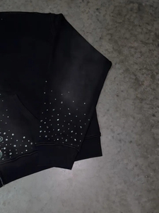 Chaqueta Negra de Invierno Estilo Hip Hop Urbano Personalizada para Hombre, Sudadera con Capucha Gruesa Lavada y Decolorada al Sol con Cierre y Pedrería - Product Image 3