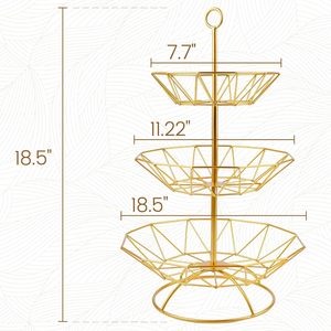Soporte de cesta de frutas dorado de 3 niveles estructurado altamente notable, Frutero de Metal moderno para el hogar, cocina, decora tu mesa - Product Image 6