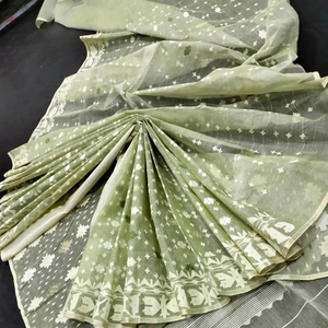 Exclusif Deshi Dhakai Jamdani Sharee Qualité d'exportation pour les femmes JAMDANI FABRIC Bleu ROUGE VERT Doré Bleu Ciel du Bangladesh - Product Image 2