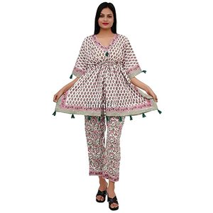 Haute qualité traditionnel pur coton caftan haut pyjama ensemble femmes robe bloc imprimé nuit costume Unique fleur conception longue robe - Product Image 1