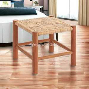 Petit tabouret ottoman en bois avec console en osier et coton macramé pour la cuisine ou les bébés/enfants en tissu - Product Image 2