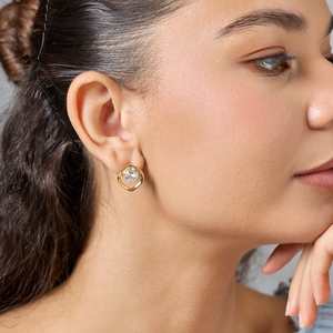 Trendy 192735 Religious <b>Stud</b> Hoop <b>Earrings</b> Geometric Bezel Setting with Pearl for Parties Made From Stainless Steel Zinc Alloy - Product Image 2