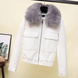 เสื้อโค้ทกันหนาวคอตั้งหนังแท้สำหรับผู้หญิง, เสื้อแจ็คเก็ตสั้นสีดำหนาสีขาวสำหรับฤดูใบไม้ร่วง - Product Image 5