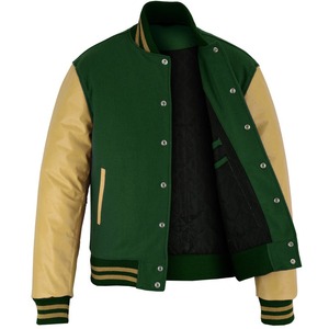 Chaqueta Varsity de Lana Verde con Mangas de Cuero Dorado, Tendencia 2026, OEM, para Hombre, Alta Calidad, MOQ Bajo, Chaquetas de Invierno Calefactables - Product Image 3