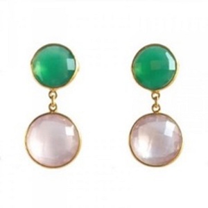 Boucles d'oreilles de forme ronde en argent Sterling 925, Champagne Hydro et Onyx vert - Product Image 1