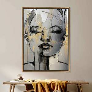 Elegant Abstract Woman Face Printed Canvas Art - Modern Decor,Gold <b>Framed</b> - Product Image 1