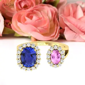 Cincin Halo batu ganda asli Tanzanite & Pink safir cincin terbuka 14k emas Solid berlian Split Shank perhiasan untuk pengecer