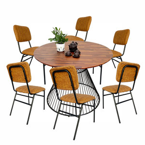 CBBA130 Comfortable Chinese Antique Style <b>Round</b> Dining Table and 6 Chairs Iron Frame with Upholstered <b>Cushions</b> for Living Room - Product Image 1