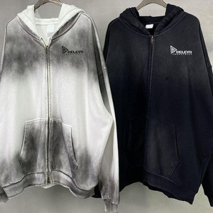 เสื้อฮู้ดแบบรูดซิปใส่ได้ทั้งชายและหญิงผ้าคอตตอนเทอร์รี่ผ้าฝ้ายเทอร์รี่ที่ดูเครียดเสื้อผ้าแนวสตรีทโอเวอร์ไซส์โลโก้ที่กำหนดเองซีดลงแดด - Product Image 6