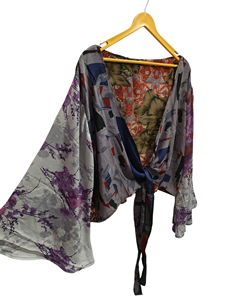 Light Weight Short Shirt Free Size Short Silk Top Wrap dress Vintage Sari Fabric wrap top Floral Print Boho Top - Product Image 4