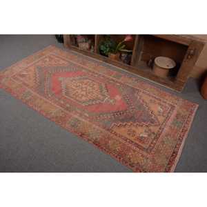 Vintage Turkish Rug <b>Red</b> Yellow Patchwork Design Large Area 3.4 X 7.5ft Wool <b>Material</b> with Latex Backing for Hallway Bedroom - Product Image 3