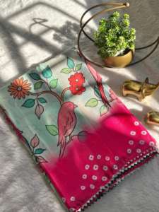 Sari Indio de Seda Makhmali Suave para Mujer, Hermoso Kalmakari con Borde de Encaje Samosa Plateado Bandhani - Product Image 4