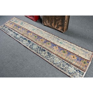 Alfombra Turca Vintage de Lana 2.2x8.6 pies (66x261 cm) Diseño Ecológico de Patchwork con Plantas y Árboles Azules, Base de Látex - Product Image 4